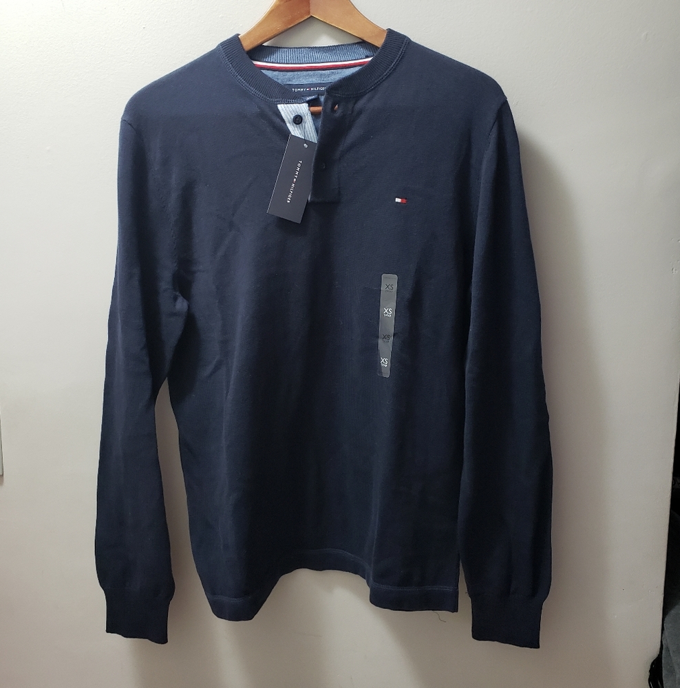 Tommy Hilfiger Men’s Henley Sweater XS Navy Long Sleeve NWT Classic Logo
